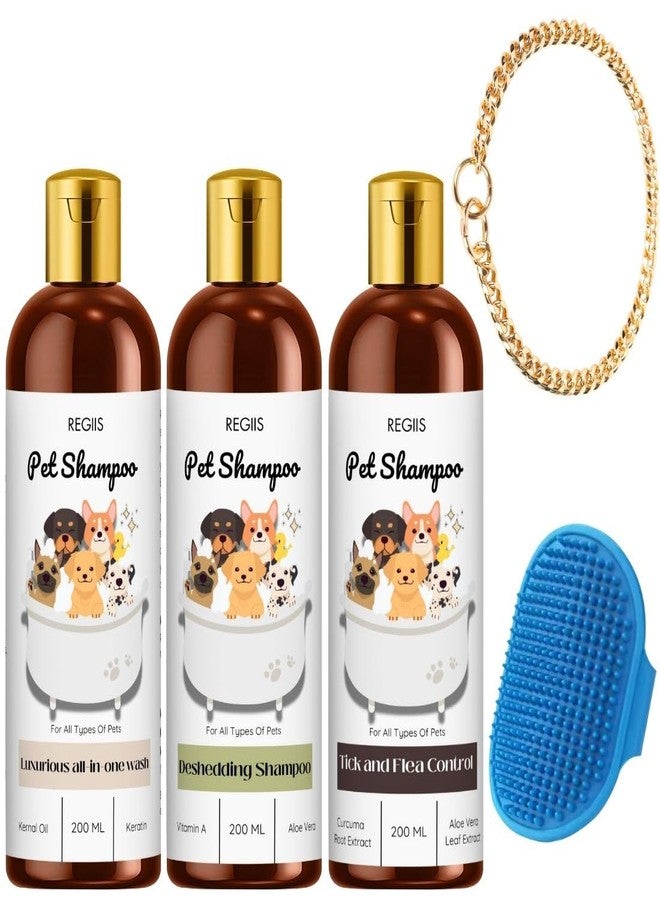 مجموعة شامبو الحيوانات الأليفة من ريجيس مع فرشاة، 200 مل، غسيل شامل، إزالة الشعر الزائد، مكافحة القراد والبراغيث، مع فرشاة وسلسلة للعناية بالحيوانات الأليفة (عبوة من 5 قطع) - Image 1